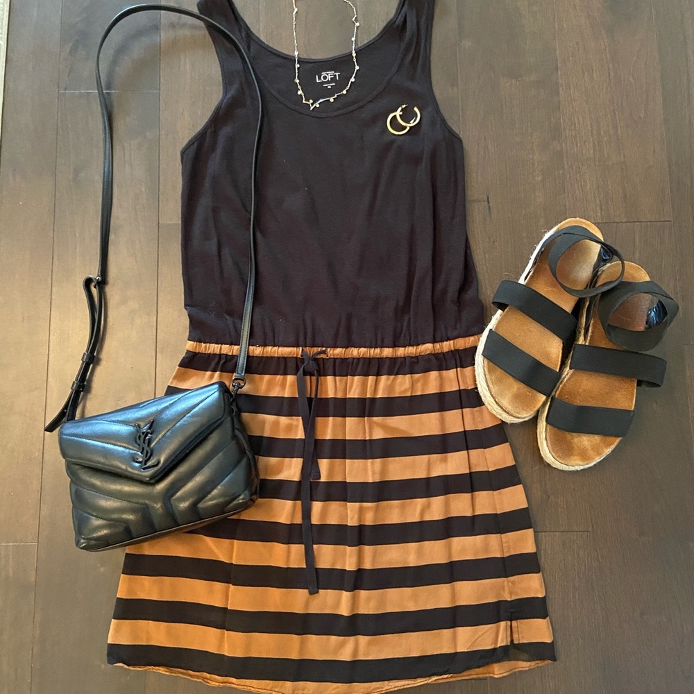 Loft black dress with striped skirt